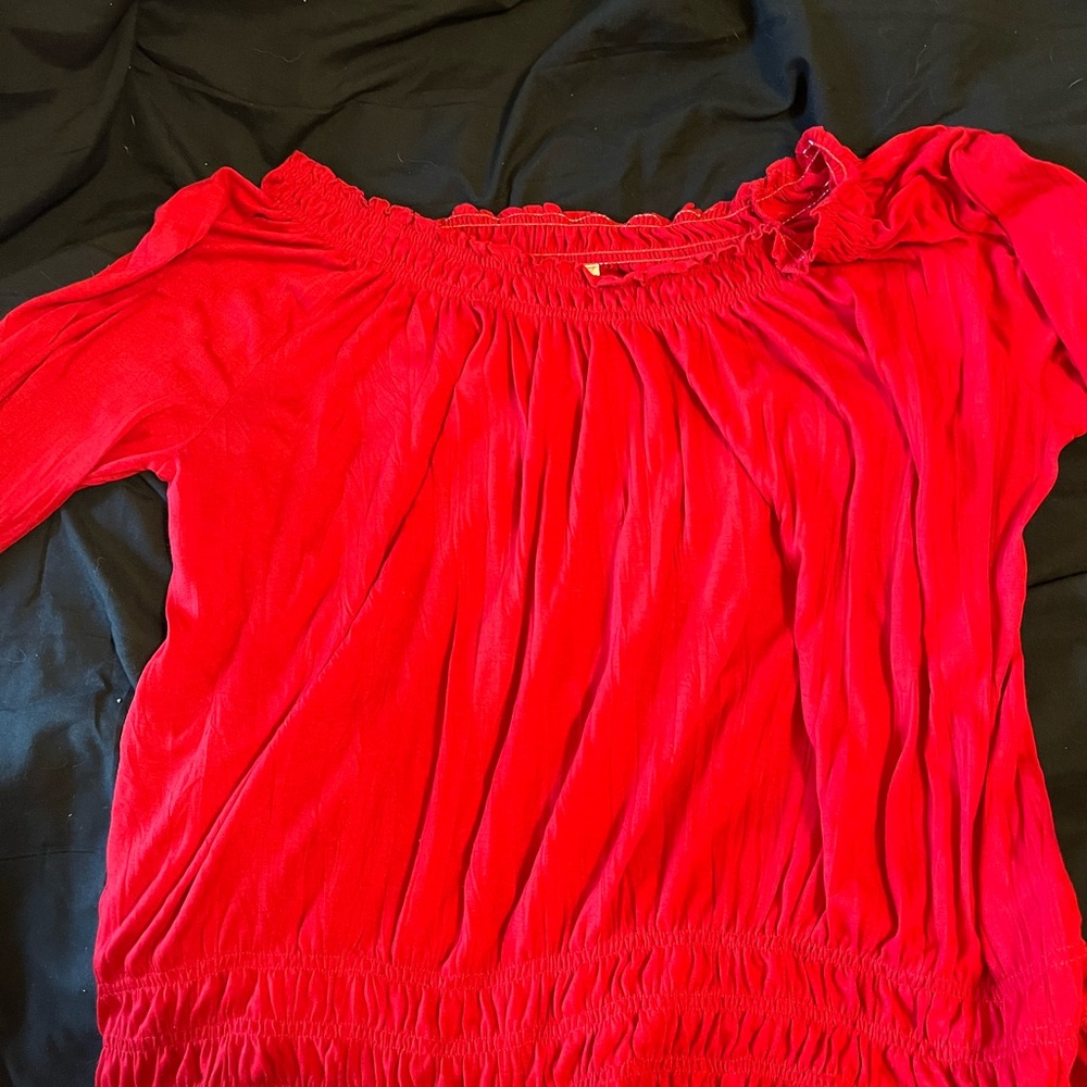 Women’s Red Boho Western Off-Shoulder Blouse - Classic Elastic Neckline